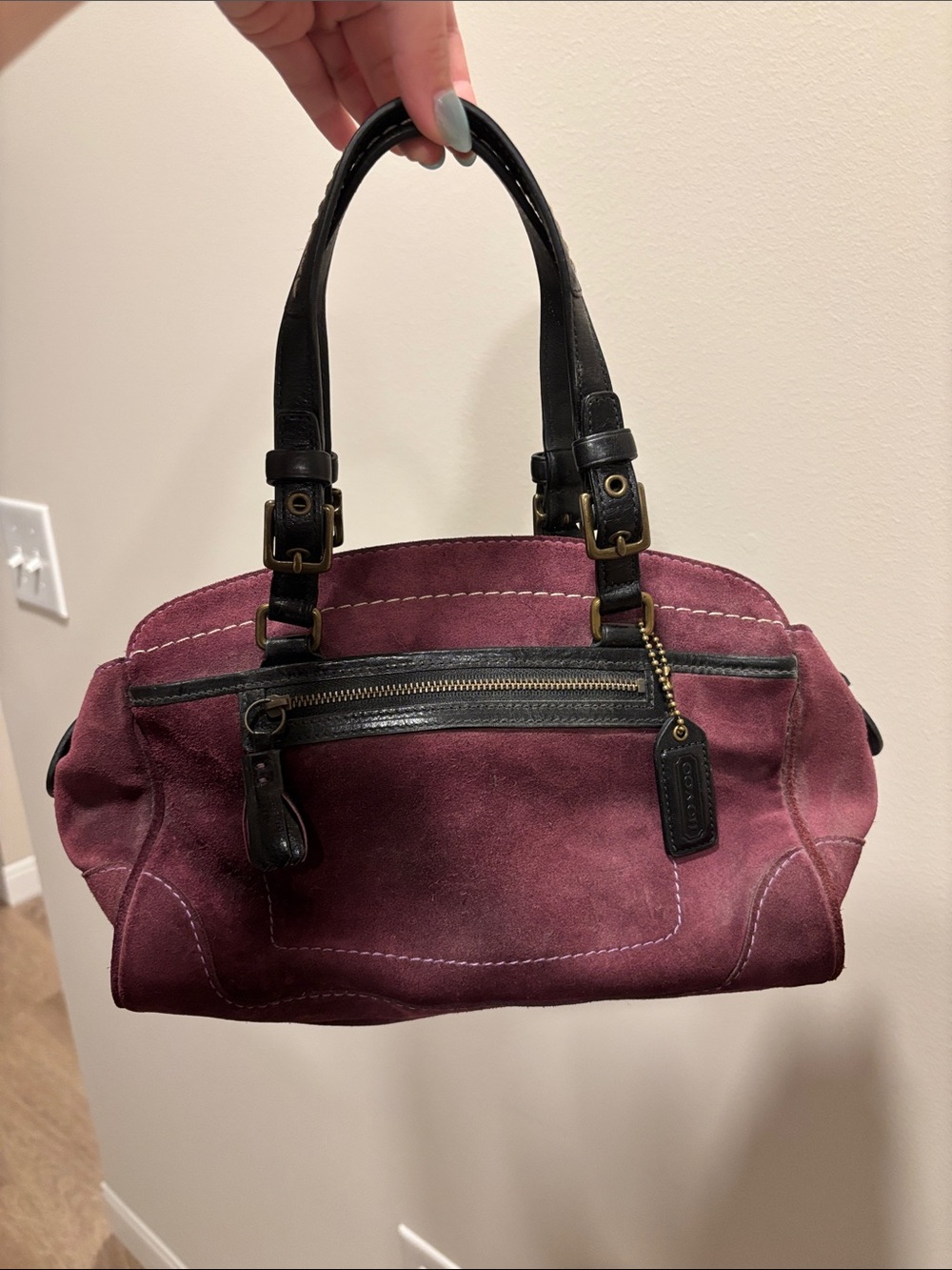 Coach Burgundy Suede Shoulder Bag with Black Leather Trim